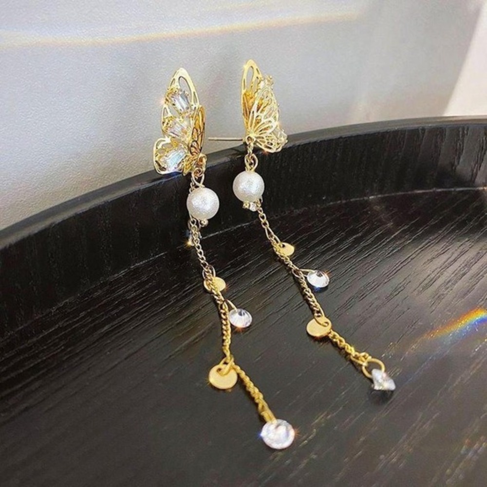 Butterfly Drop Earrings Women OS Gold New Crystal Pearl Tassel‎ Dangle Statement